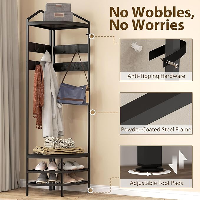 HOMCOM Corner Hall Tree, Industrial 4-Tier Coat Rack with Shoe Storage, 8 Movable Hooks and 2 Storage Shelves, Freestanding Entryway Coat Rack with Steel Frame for Hallway, Black