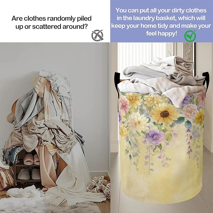 Yellow Wisteria Flowers Laundry Basket-Large Foldable Hamper Holder Portable Tall Collapsible Laundry Hamper Storage Basket Bin with Handles, Canvas & Waterproof lining for Household Items