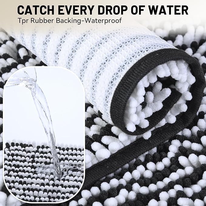 Ultra-Soft Bathroom Rug Set, 2-Piece – Absorbent, Non-Slip, Machine Washable Bath Mats for Bathroom, Shower, Sink, Kitchen （20" x 32" + 17" x 24"） Black White