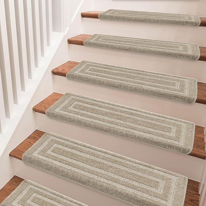 PURE ERA Bullnose Carpet Stair Treads Set Tape Free Non-Slip Indoor Stair Protectors Pet Friendly Rugs 9.5" x 30"(14 Pieces,Cream Gray Rectangular)