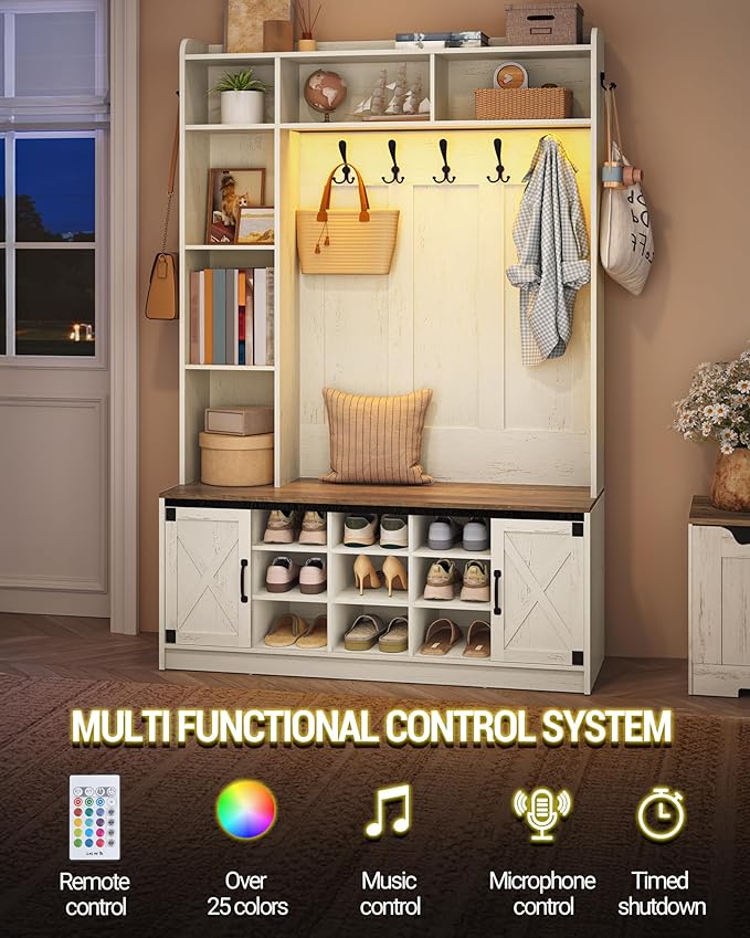 47.2" Hall Tree, LED Farmhouse Entryway Storage and Coat Rack Wood, Entryway Furniture with 7 Hooks, Hall Tree with Bench and Storage, 6 Storages Partitions Shoe Bench, Rustic White HT24614X