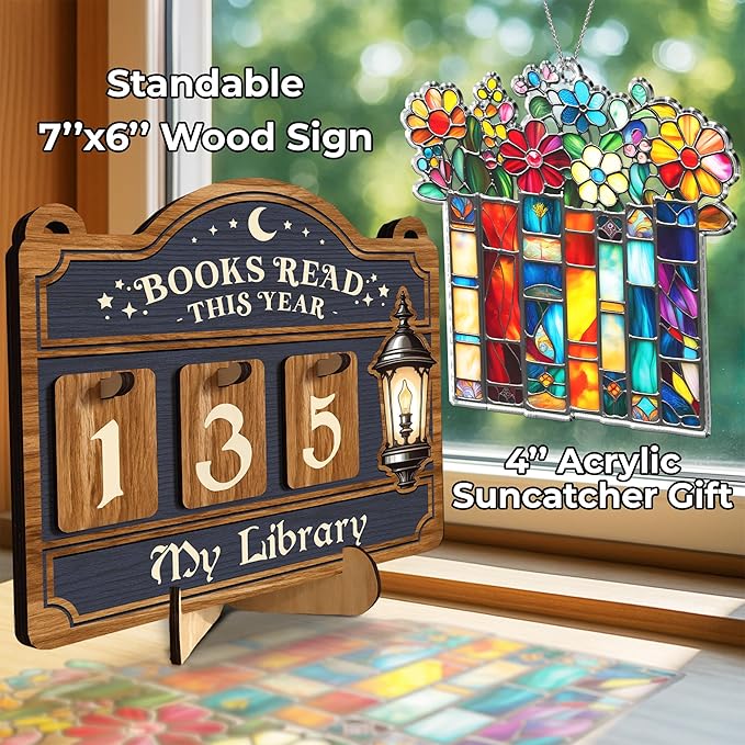 Books Read This Year Counter, Reading Tracker Sign for Home Library Decor, Book Suncatcher Ornament, Book Lover Gift for Librarian, Reader, Teacher, Women, Bookshelf Accessories for Wall & Table FF754