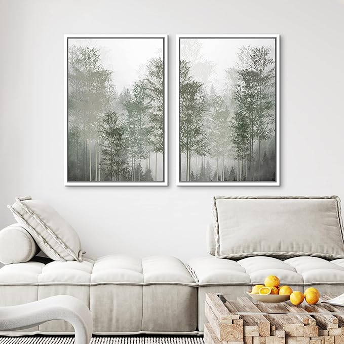 MUDECOR Framed Canvas Print Wall Art Pastel Watercolor Misty Fog Forest Tree Wilderness Nature Illustrations Modern Art Decorative Calm/Relax Multicolor Rustic Minimal for Bedroom - 24"x36"x2 White