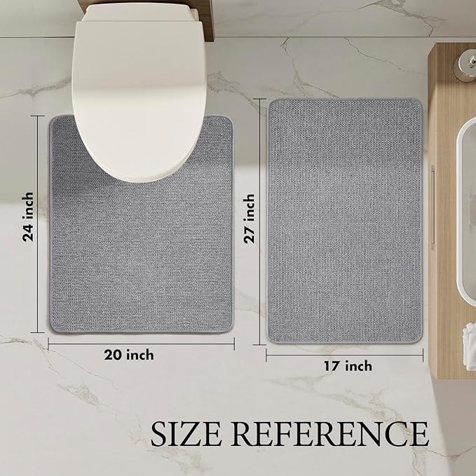 MIULEE Set of 2 Ultra Thin Bathroom Rugs, Rubber Bath Mat, U-Shaped Toilet Rug for Bathroom, Non Slip Quick Dry Absorbent Machine Washable, Fit Under Door, Shower, Sink, Grey, 17"x27"+20"x24"