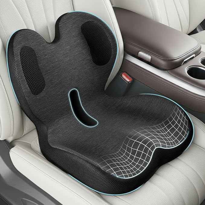 Trucker Seat Cushion, Car Seat Cushions with Lumbar Support Pillow, Ergonomic L-Shaped One Piece Memory Foam Pad for Long Driving Back Pain Sciatica Relief, Drivers Office Workers (Black+ Gray)