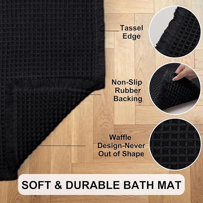 Hiasan Waffle Bath Mat, Super Absorbent Non Slip Bathroom Boho Rug with Tassels, Machine Washable Bath Mats for Bathroom, Ultra Soft Rubber Backed Rug, Black, 24 x 60 Inches
