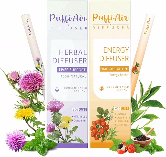 PUFFIAIR Herbal Diffuser Duo with Milk Thistle, Guarana & More丨Inner Vitality Duo for Liver Detox & Energy Boost Support - 600 Uses Per Stick