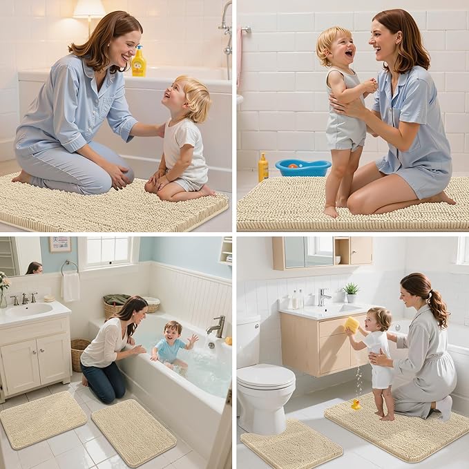 Arotive Bathroom Rugs 47x17, Extra Soft Absorbent Shaggy Chenille Bath Rugs, Machine Washable Rubber Backing Non-Slip Bath Mats for Bathroom Floor Tub and Shower, Home Decor Accessories, Beige
