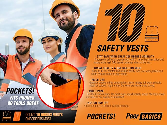 PeerBasics Pocket Safety Vest Bulk Pack Reflective High Visibility Men Women