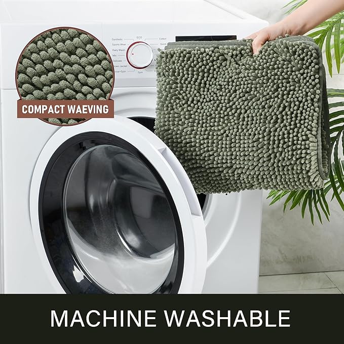 LOCHAS Luxury Bathroom Rug Shaggy Bath Mat 24 x 40 Inch, Washable Non Slip Bath Rugs for Bathroom Shower, Soft Plush Chenille Absorbent Carpets Mats, Sage Green