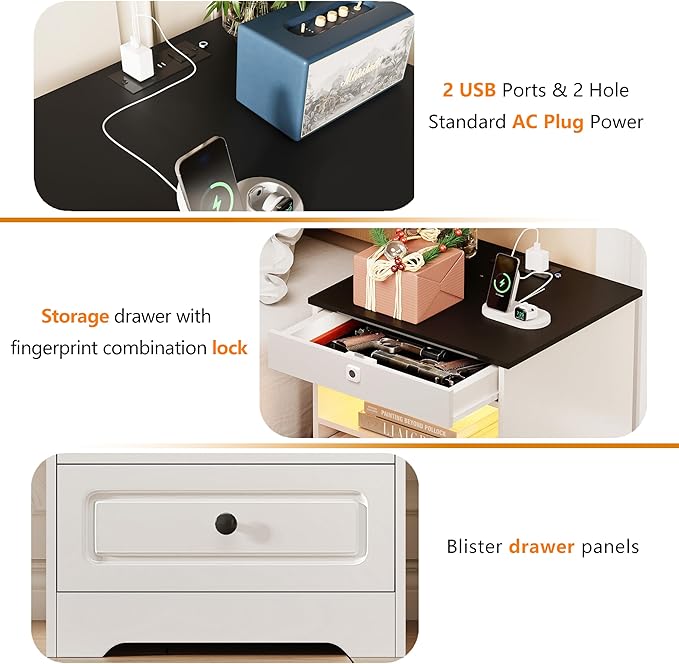 Night Stand with Charging Station,Bedside Table with Gun Drawer,Farmhouse End Table and Nightstand,Small SideTable for Bedroom (White-with Gun Drawer, 1-Pcs)