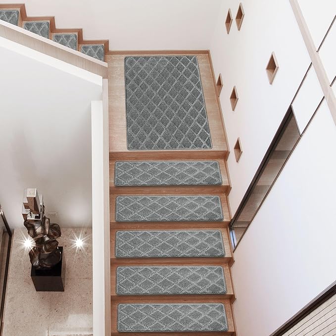 PURE ERA Carpet Stair Treads Tape Free Non Slip Indoor Stair Carpet Stair Protectors Pet-Friendly Non-Slip Skid Resistant Washable Reusable 8" x 30"(2 Pieces,Gray Diamond Trellis)