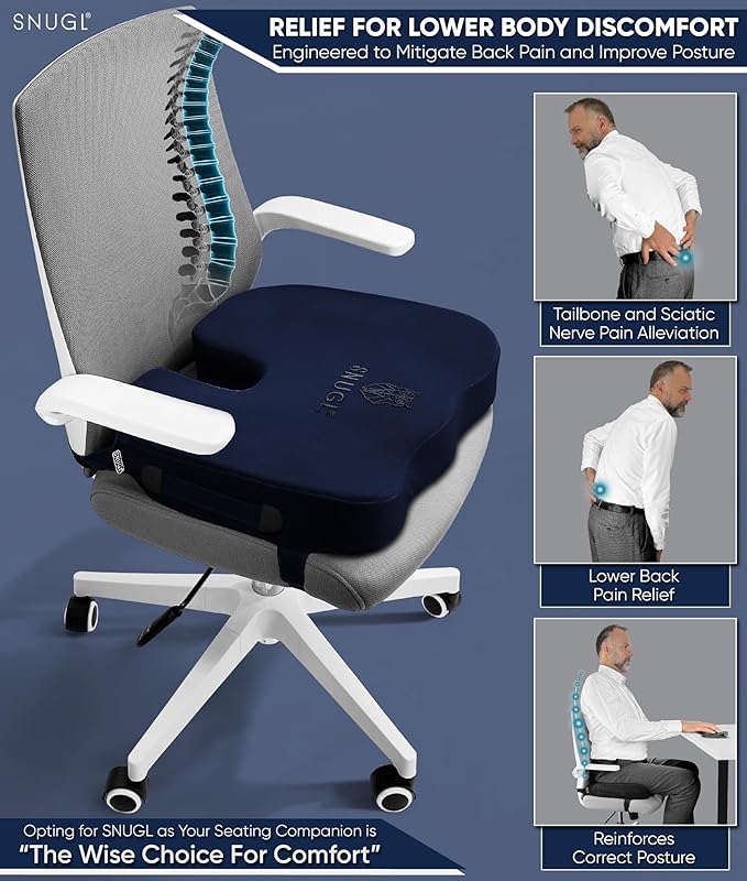SNUGL Seat Cushion for Tailbone & Back Pain Relief – Orthopedic Memory Foam Coccyx Pillow for Office, Desk & Gaming Chairs – Sciatica & Hemorrhoid Treatment, Long Sitting Comfort (Regular Navy)