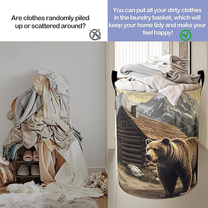 Cute Brown Bear Laundry Hamper Large Canvas Fabric Lightweight Storage Basket/Dirty Clothes Collapsible Waterproof for College Dorms, Boys and Girls Bedroom,Bathroom