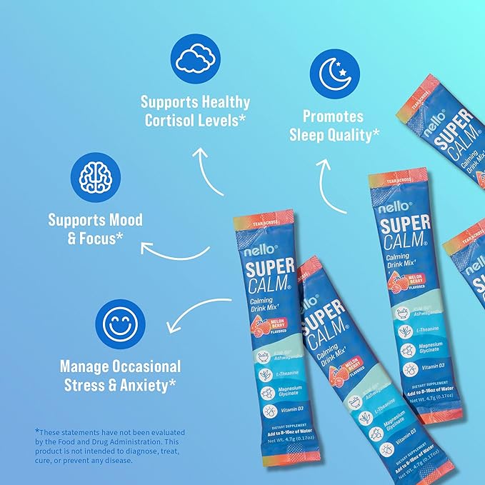 Nello Supercalm Powdered Drink Mix, Cortisol Reducer* and Sleep Aid Supplement, L Theanine, Ksm-66 Ashwagandha, Magnesium Glycinate, Vitamin D 3, No Sugar, Non GMO, On The Go, 20 Ct, Melon Berry