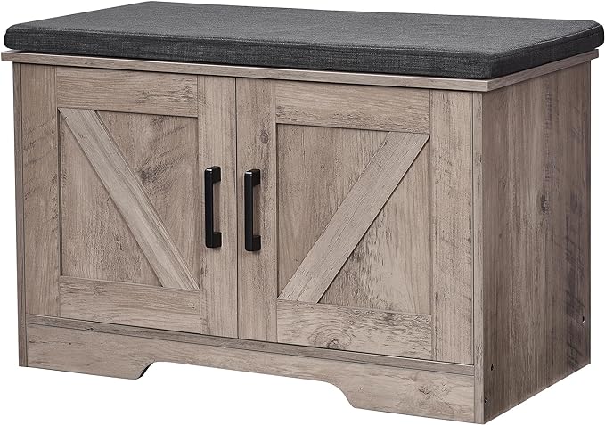 2-Tier Storage Bench, 27.6" Wide Shoe Bench with Padded Seat Cushion, Entryway Bench with 2 Barn Doors and Adjustable Shelf, Greige