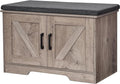 2-Tier Storage Bench, 27.6" Wide Shoe Bench with Padded Seat Cushion, Entryway Bench with 2 Barn Doors and Adjustable Shelf, Greige