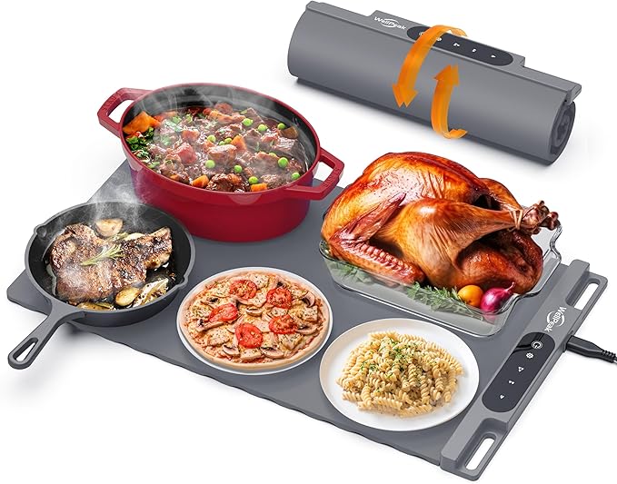 Electric Warming Mat for Food - Full Surface Fast Heating Silicone Tray with 3-Level Temperature, Auto-Off, Raised Feet for Table Protection, Versatile Warmer for Gatherings,Party,Home Buffet