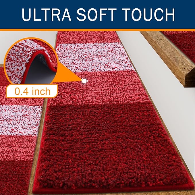 OLANLY Stair Treads Non Slip 15PCS, 8" x 30" Indoor Stair Runners for Wooden Steps, Edging Stair Rugs with Reusable Peel and Stick Adhesive for Kids Elders and Pets, Burgundy