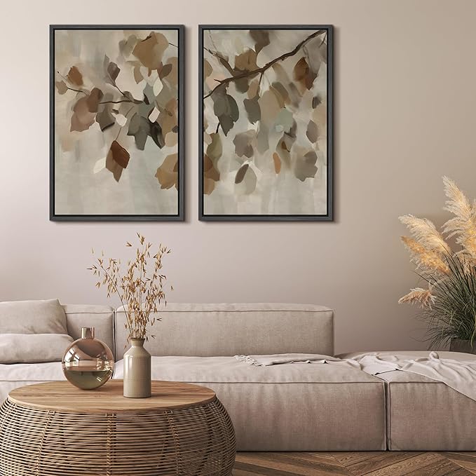 MUDECOR Framed Canvas Print Wall Art Set Abstract Leaf Branch Minimalist Nature-Inspired Beige and Brown Calm/Zen for Living Room, Bedroom, Office - 16"x24"x2 Black