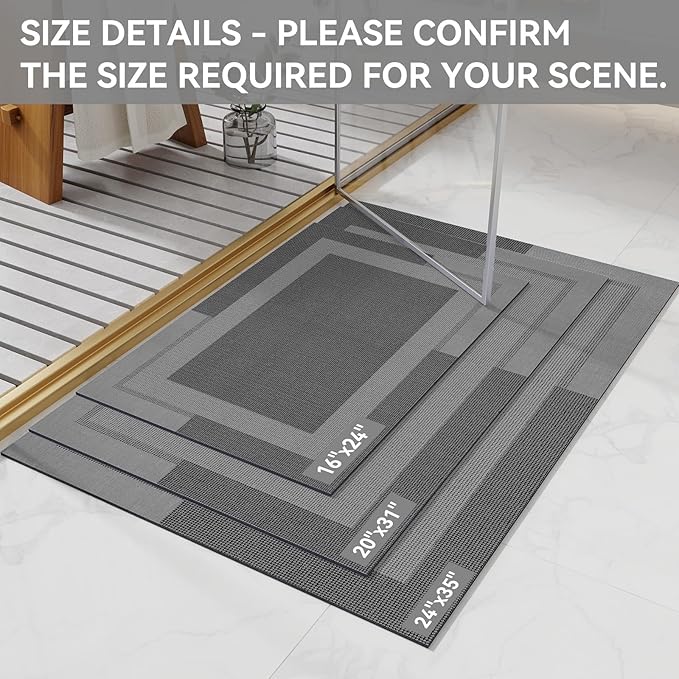 Non Slip Bath Mat, Rubber Backing Ultra Thin Bathroom Rugs Fit Under Door Quick Dry Super Absorbent Washable Bath Rug Shower Mat for Bathroom Floor Bathtub Sink, Easy Care Dark Grey 16"x24"