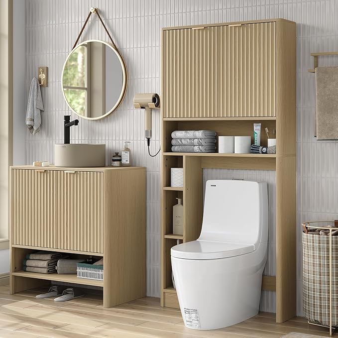 Furnideco 31''W Over Toilet Storage Cabinet Modern Above Toilet Shelf Cabinet with Fluted Doors & Toilet Paper Storage Holder for Bathroom, Natural Oak