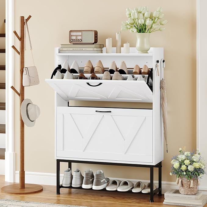 Narrow Shoe Storage Cabinet with 2 Flip Drawers & Adjustable Shelf for Entryway, Freestanding Hidden Slim Shoe Organizer Rack, White