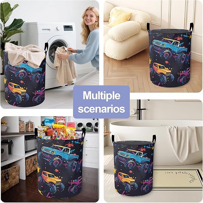 Colorful Trucks Laundry Hamper Large Canvas Fabric Lightweight Storage Basket/Dirty Clothes Collapsible Waterproof for College Dorms, Boys and Girls Bedroom,Bathroom