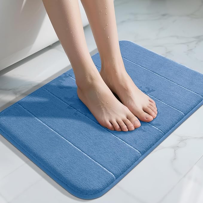 Yimobra Memory Foam Bath Mat, Super Soft Absorbent Bathroom Rug Non Slip, Quick Dry, Machine Washable Floor Carpet for Tub Shower, Home Decor Accessories, 24x17, Blue