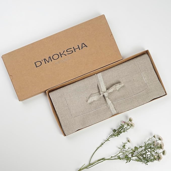 D'Moksha Homes Linen Natural Table Runner 36 Inches - 100% Pure Linen Small Table Runner 14 x 36 Inch Ideal for Dresser, Coffee Tables, Valentines, Spring, Easter - Classic Hemstitch