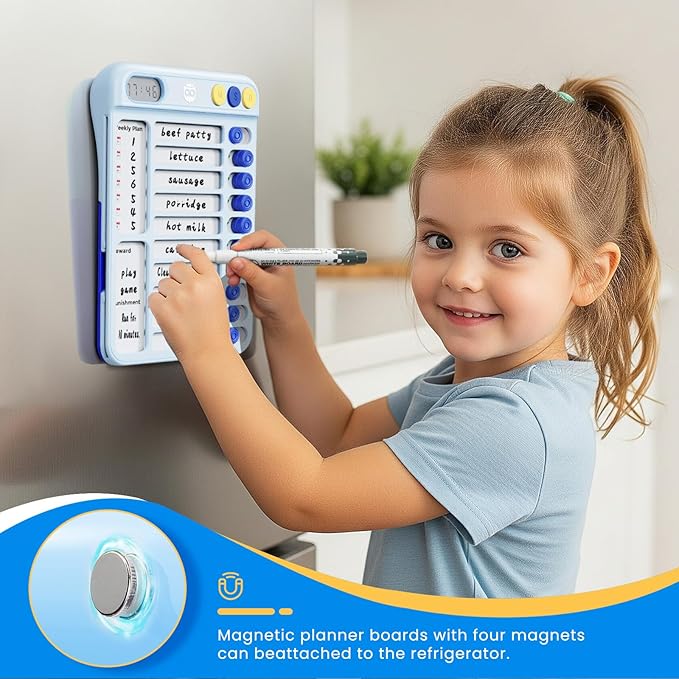 Magnetic Chore Chart for Kids with Timer, Visual Schedule for Kids, ADHD Tools for Kids to Do List, Checklist with 99-Min Countup/Countdown Chore Board with Sliders & Dry-Erase Sheets (Blue)