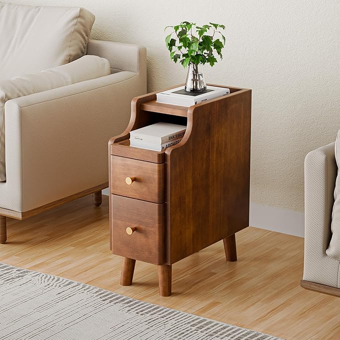 Narrow Nightstand Set of 2, 19.7" H Pre-Assembled Solid Wood Small Skinny Night Stand with Drawers, Open Sliding Shelf, Mid Century Modern Slim Bedside Table for Bedroom, Sofa End Side Table, Walnut