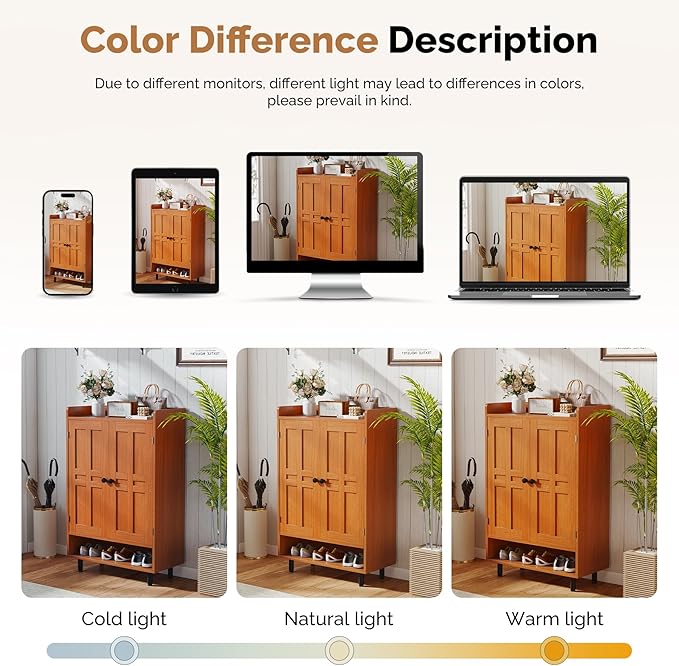 Entrance Shoe Cabinet with Doors,6-Tier Farmhouse Shoe Storage Organizer with Adjustable Shelves Holds 18-27 Pairs and Metal Legs, Entry Organizer Entryway, Living Room (Walnut)
