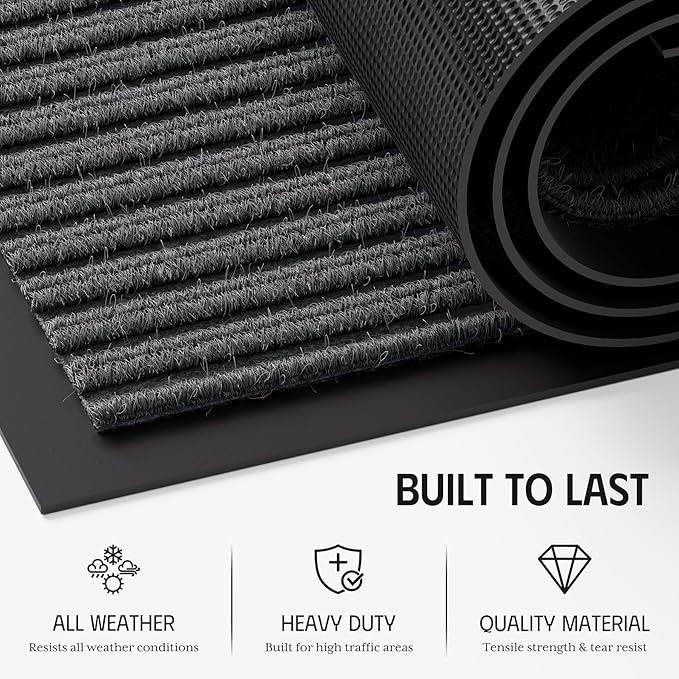 Front Door Mat 4' x 6', Heavy Duty Door Mat Outside Entrance, Non-Slip Welcome Mat, Muddy Mats for Indoor Outdoor, Absorbent & Resist Dirt Entry Mat, Low Profile Commercial Floor Mat, Grey