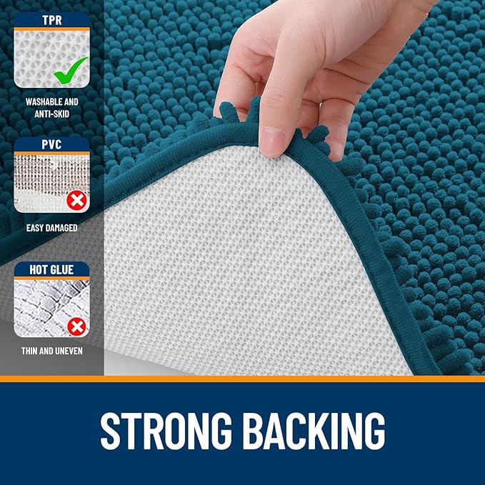 OLANLY Bathroom Rugs Sets 2 Piece, Soft Absorbent Chenille Bath Mats and U-Shaped Contour Toilet Mat Area Rug Set, Machine Washable Bath Carpet, Home Decor Accessories(30"x20"+24"x20", Peacock Blue)