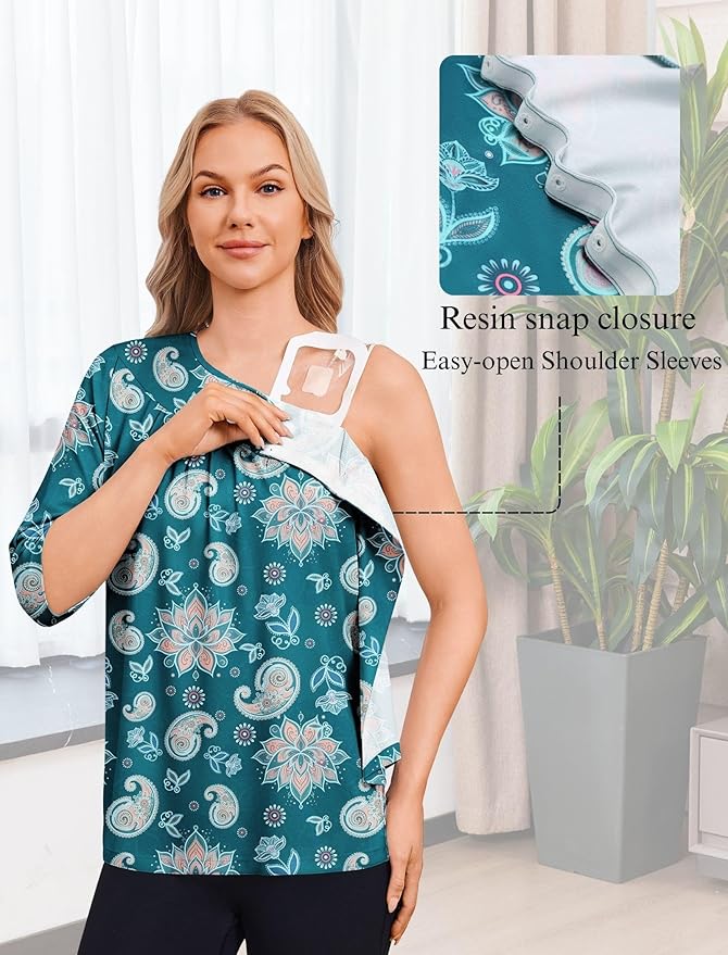 Deyeek Post Shoulder Surgery Shirt for Women Chemo Tear Away Shirt Snap Button 3/4 Sleeve Recovery Adaptive Clothing