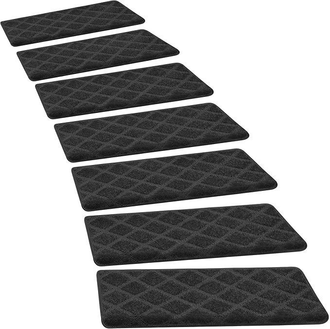 PURE ERA Bullnose Carpet Stair Treads Tape Free Non-Slip Indoor Stair Protectors Pet Friendly Stair Treads for Wooden Steps 9.5" x 30"(2 Pieces,Black Diamond Trellis)
