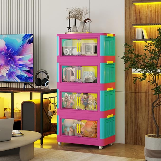 4 Tiers Folding Storage Cabinet,20" Side Wide Collapsible Storage Bins with Doors and Wheels, Space Saving Plastic Cabinet for Living Room, Office, Dorm, Rainbow