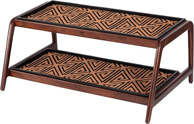 Anji Mountain Heavy Duty Waterproof Wooden Shoe Storage Mat Organizer/Boot Storage Tray Multi Use for Entryway with Coir, Tan and Black Tribal Insert, 2 Tier, Fits 6 Pair (36.5" Wide)