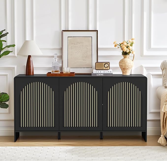 59" Sideboard Buffet Cabinet with Storage, Wood Arched TV Console Storage Cabinet with 3 Doors and Adjustable Shelf, Large Curved Accent Cabinet for Living Room Hallway Kitchen Dining Room, Black