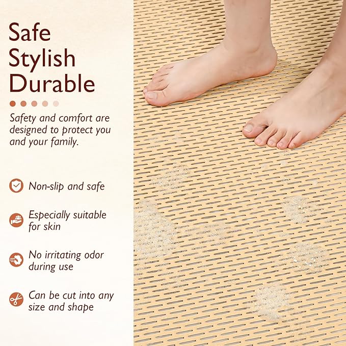 Extra Large Non-Slip Shower Mat, Fast-Dry PVC Bath Stall Tub Mat, Drain-Hole Design for Shower Stall Tub for Elderly/Kids, Non Slip Bath Mat Bathroom Safety Accessory, Khaki 58"x32"