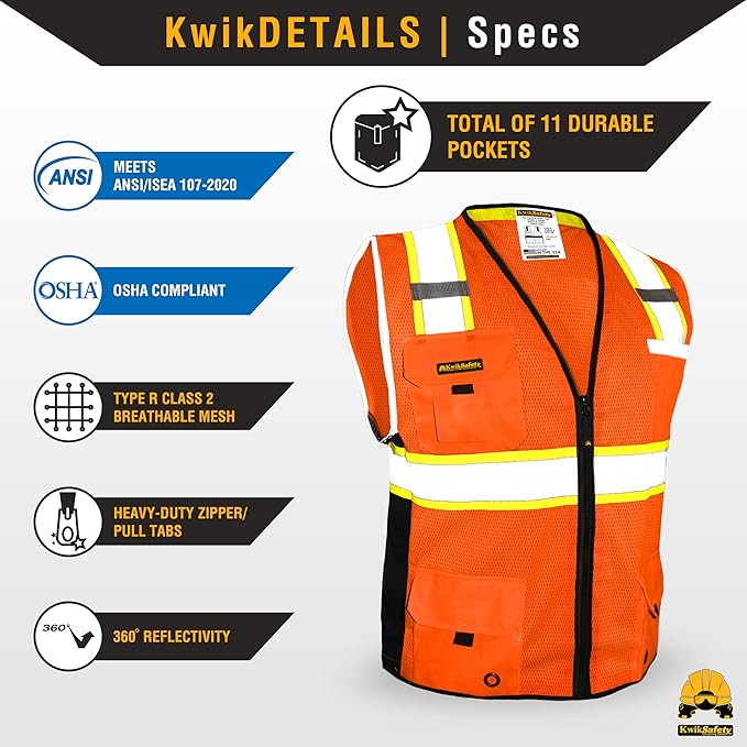 KwikSafety - Charlotte, NC - BIG KAHUNA Safety Vest [11 Pockets] Class 2 ANSI OSHA Reflective High Visibility Heavy Duty Surveyor Construction Lightweight Industrial Work Gear/Orange Large