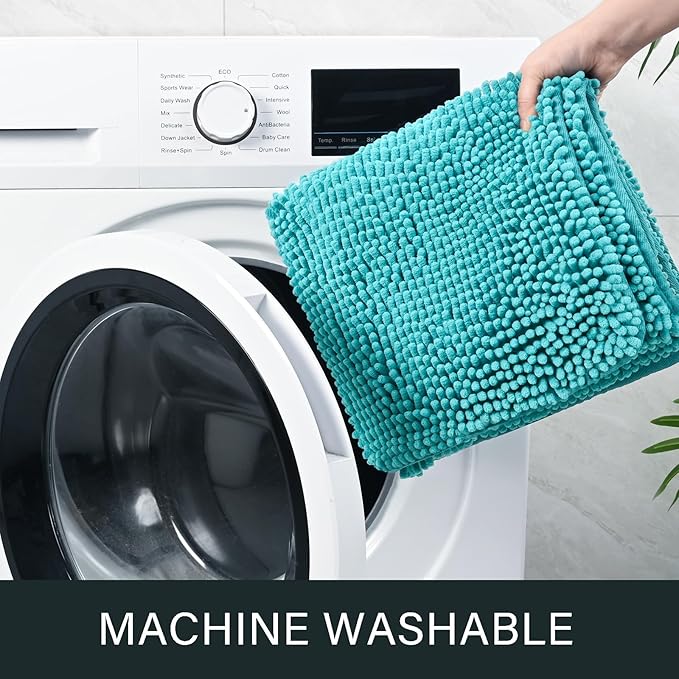 LOCHAS Luxury Bathroom Rug Shaggy Bath Mat 24 x 44 Inch, Washable Non Slip Bath Rugs for Bathroom Shower, Soft Plush Chenille Absorbent Carpets Mats, Teal Blue
