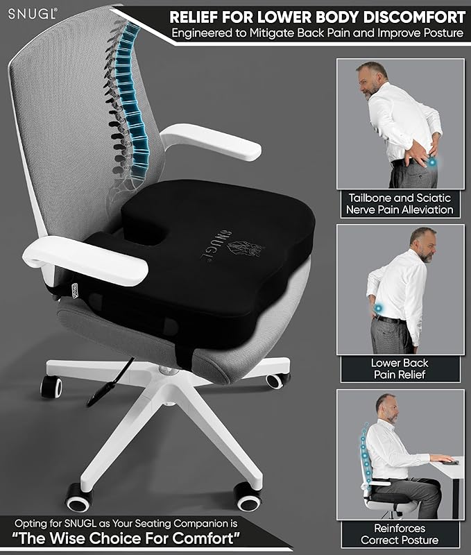 SNUGL Seat Cushion for Tailbone & Back Pain Relief – Orthopedic Memory Foam Coccyx Pillow for Office, Desk & Gaming Chairs – Sciatica & Lower Back Pain Relief, Long Sitting Comfort