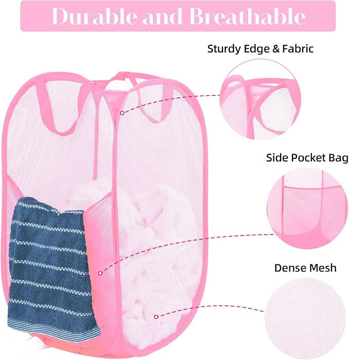 Durable Collapsible Laundry Baskets - Reinforced Mesh Pop Up Laundry Hamper with Side Pocket, Foldable Clothes Storage Hamper with Carry Handles for Laundry, Bathroom, Kids Room, Dorm or Travel Pink