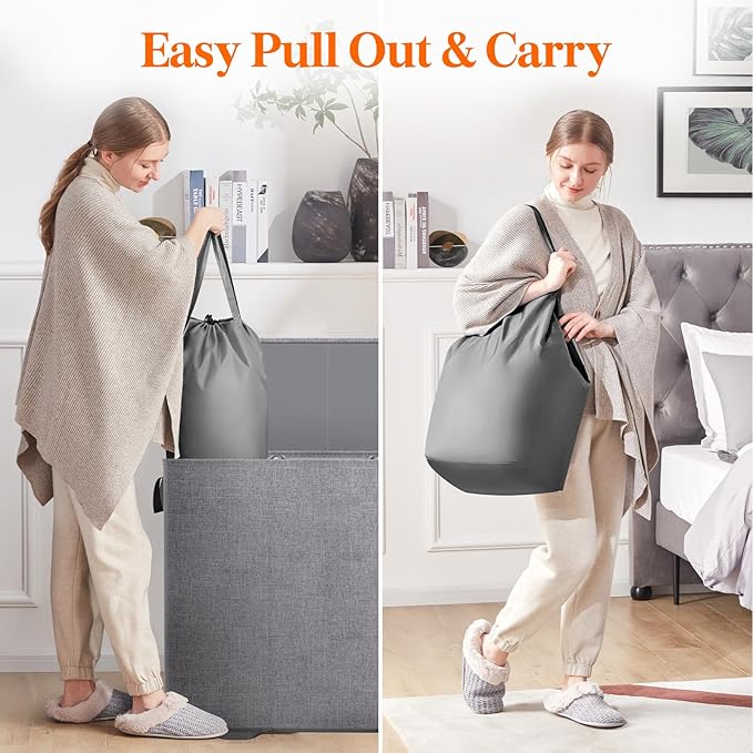 Lifewit Triple Laundry Hamper with Lid and Removable Laundry Bags, Large Collapsible 3 Dividers Dirty Clothes Basket with Handles for Bedroom, Laundry Room, Closet, Bathroom, College, 185L Gray