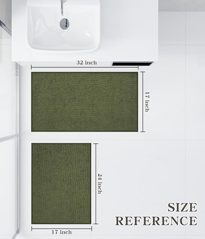 chakme 2 Piece Bathroom Rug Set, Ultra Thin Bath Mat, Absorbent, Non Slip, Machine Washable, Dark Green, 17" x 24"