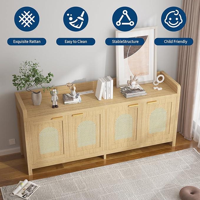 GarveeHome TV Stand for 65 Inch TV, Wood Entertainment Center with Glass Door Storage Cabinet, Entertainment Center Console Table for TV for Living Room, Natural