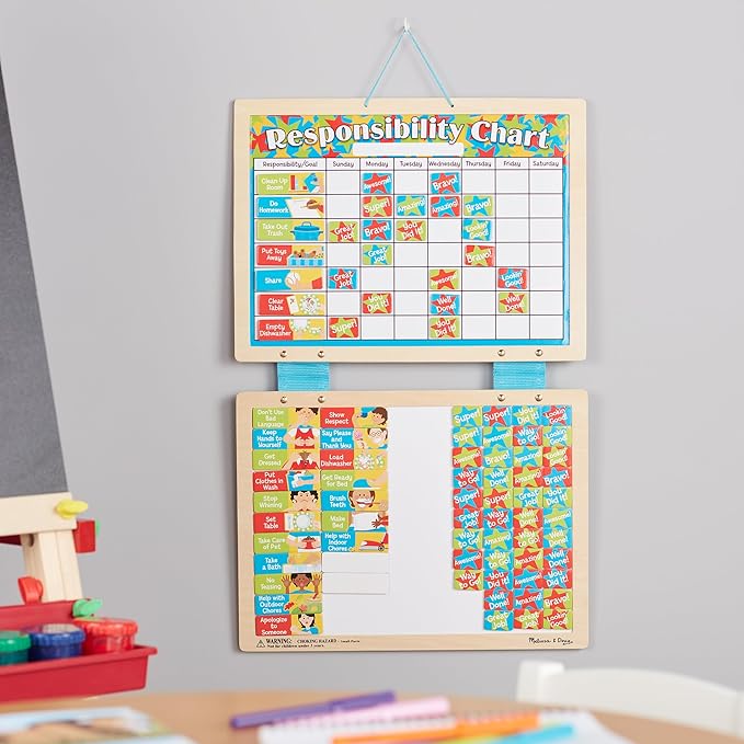 Melissa & Doug Magnetic Wooden Responsibility Chart Toddler Routine, Kids Reward Board, Chores Chart, Responsibility Tool for Kids Ages 3+