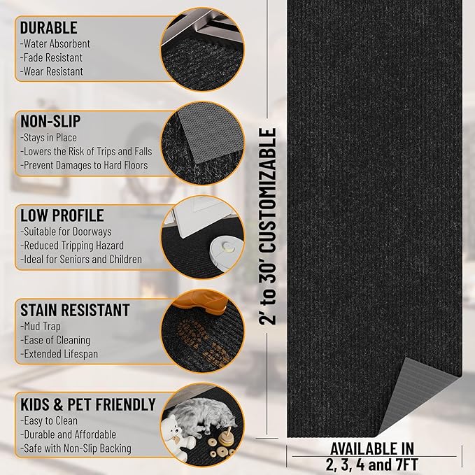 Ottomanson 2'7" x 24' Hallway Runner with Scraper Pile - Extra Durable Non-Slip Rug Mat for Indoor & Outdoor Use - Ideal for Kitchen, Entryway & Garage - High-Traffic Carpet, Black